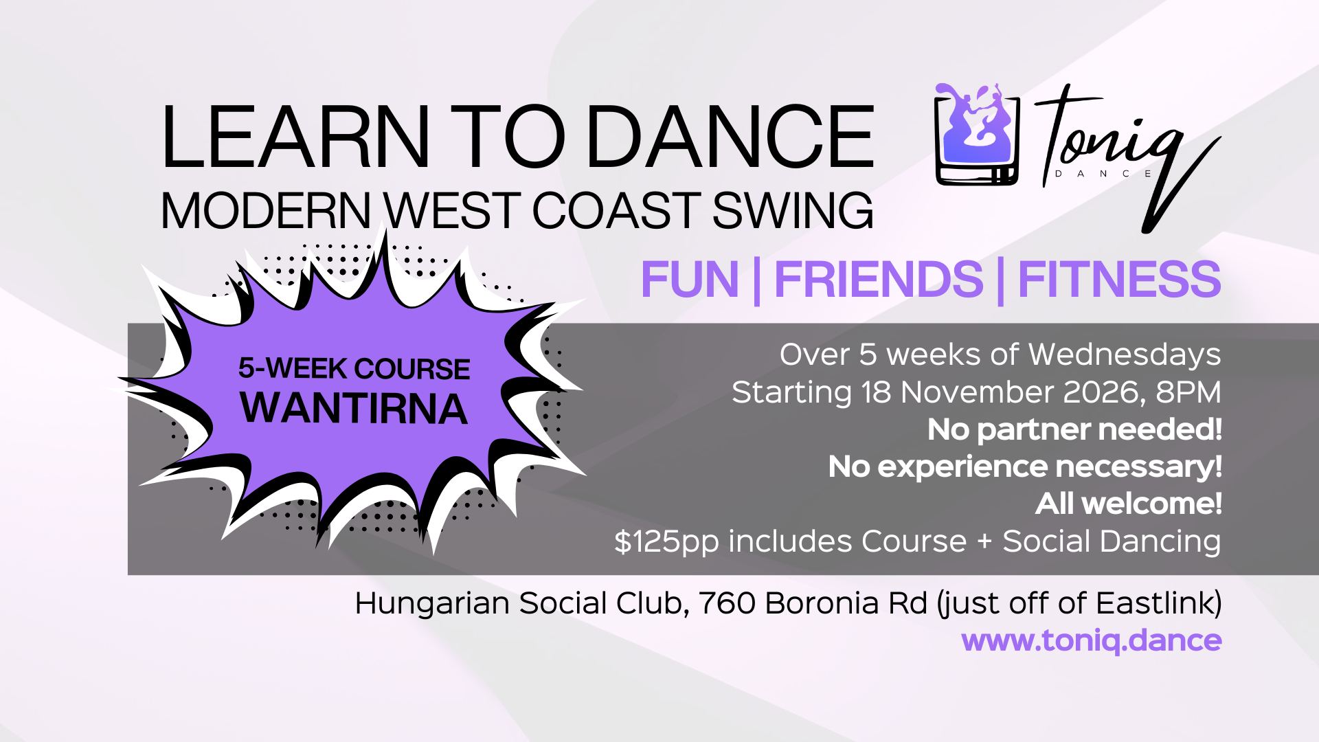 5-Week Beginner Course - Modern West Coast Swing - Social Adult Dance Classes Melbourne — WED 18 NOV
