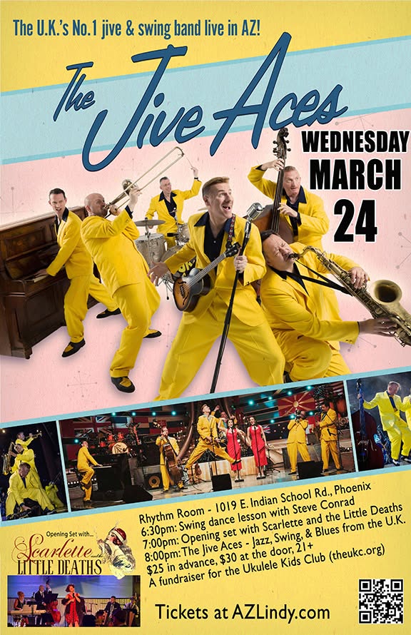 The Jive Aces with Scarlette and the Little Deaths and a swing dance lesson at the Rhythm Room! — THU 25 MAR 2027