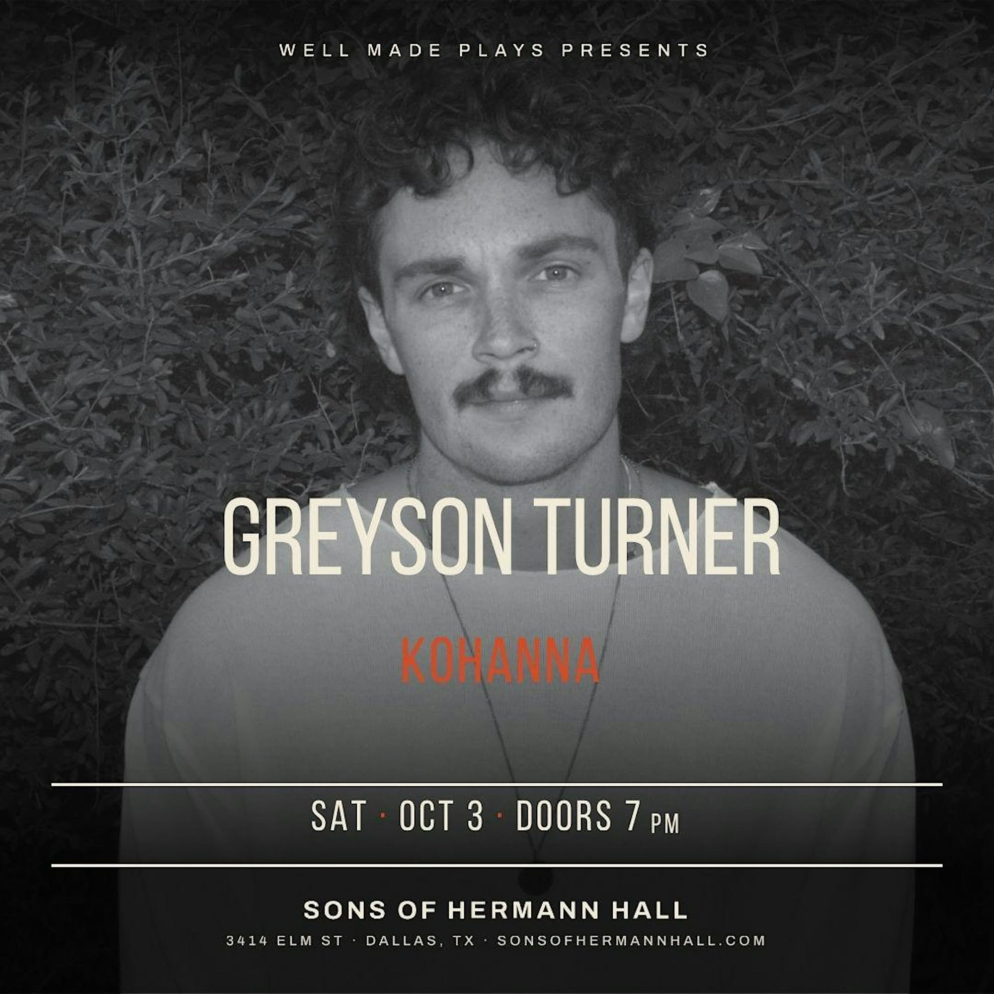 Greyson Turner w/ Kohanna LIVE @ Sons of Hermann Hall — SAT 3 – SUN 4 OCT