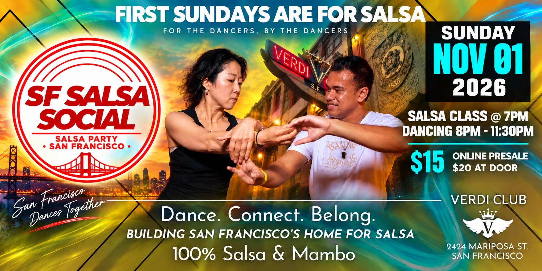 1st Sundays in San Francisco Are for Salsa | Salsa Lesson & Party @ Verdi Club (7pm-11:30pm) โ MON 2 NOV