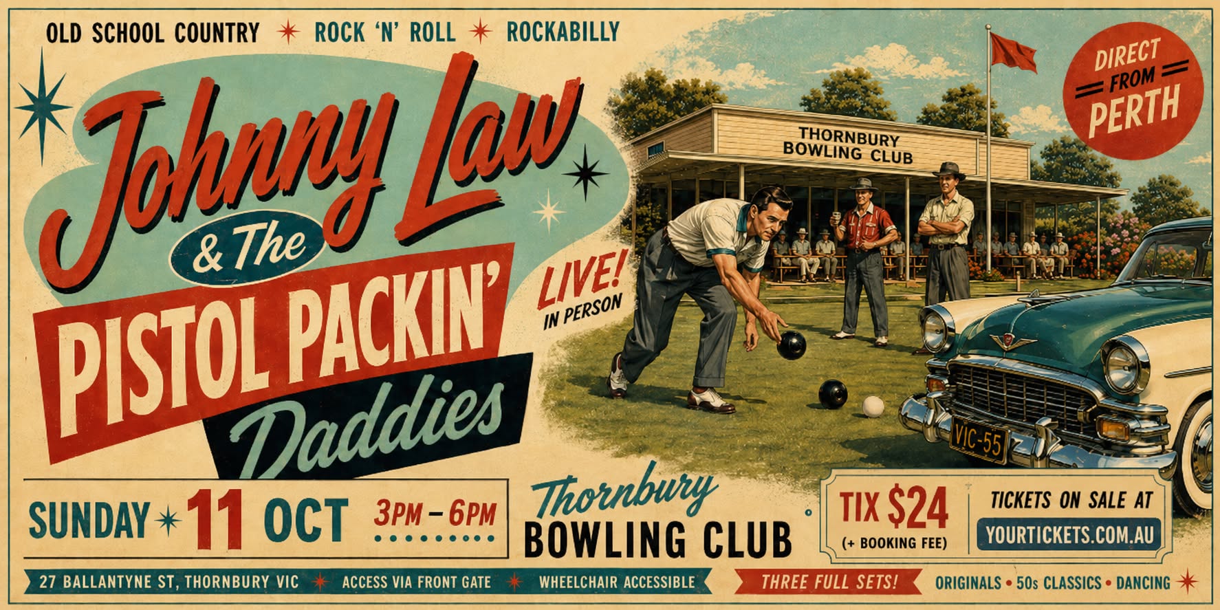 Johnny Law & The Pistol Packin’ Daddies – Live at Thornbury Bowling Club — SUN 11 OCT