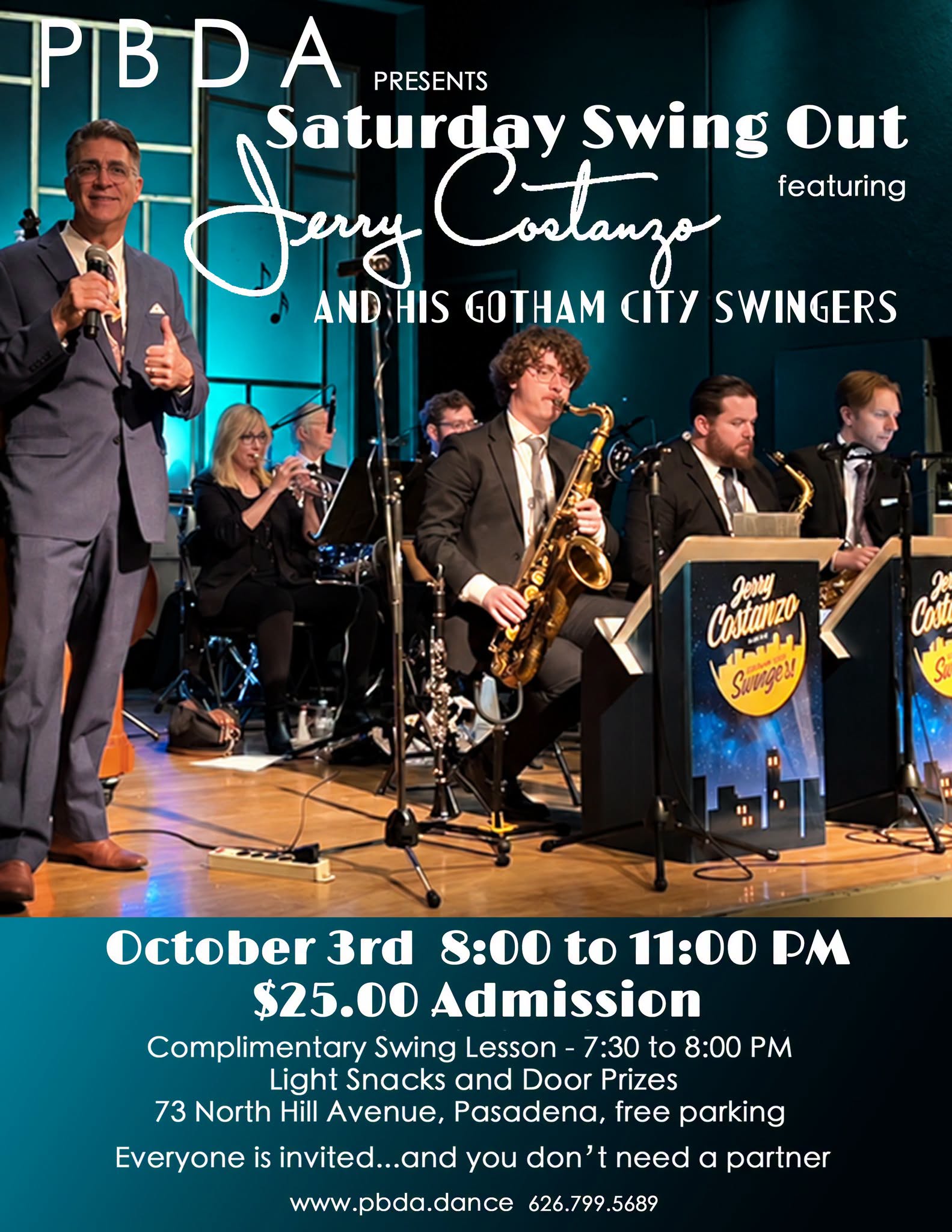 THIS SATURDAY NIGHT, OCT. 3rd - it's JERRY COSTANZO & HIS GOTHAM CITY SWINGERS - at PBDA! — SUN 4 OCT