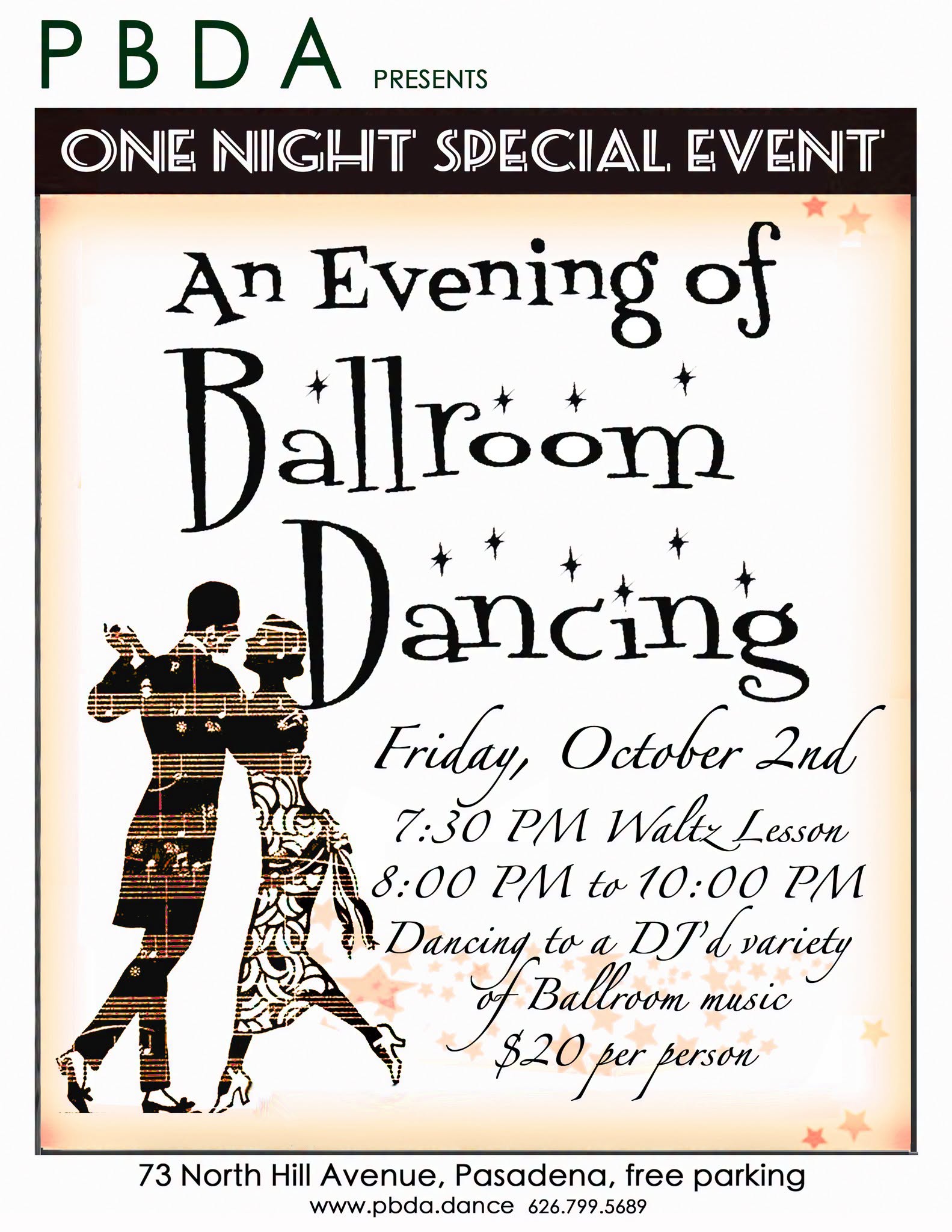 It's "An Evening of Ballroom Dancing" THIS FRIDAY NIGHT, OCT. 2nd, in Pasadena at PBDA! — SAT 3 OCT