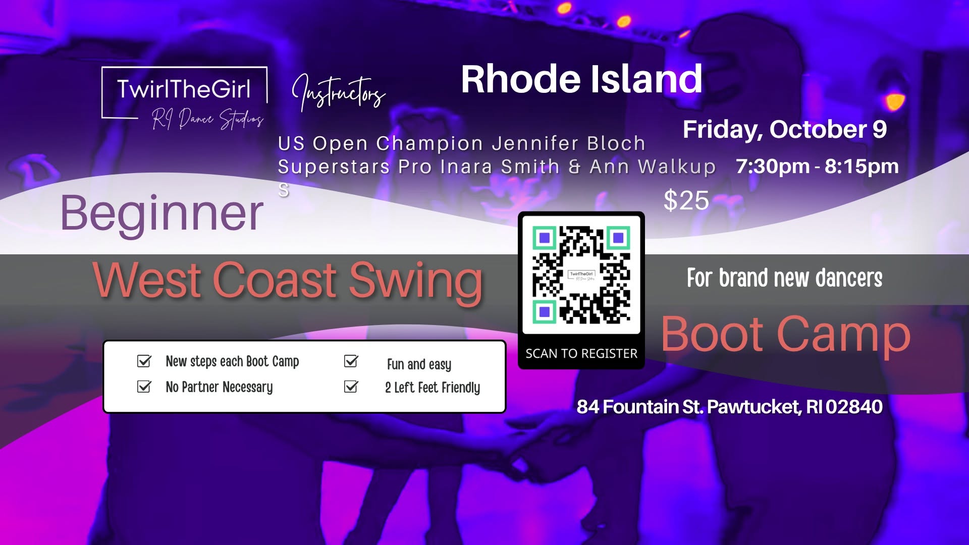 TwirlTheGirl RI West Coast Swing BEGINNER BOOT CAMP & Social Dance Party! Jennifer, Inara & Ann! — FRI 9 – SAT 10 OCT