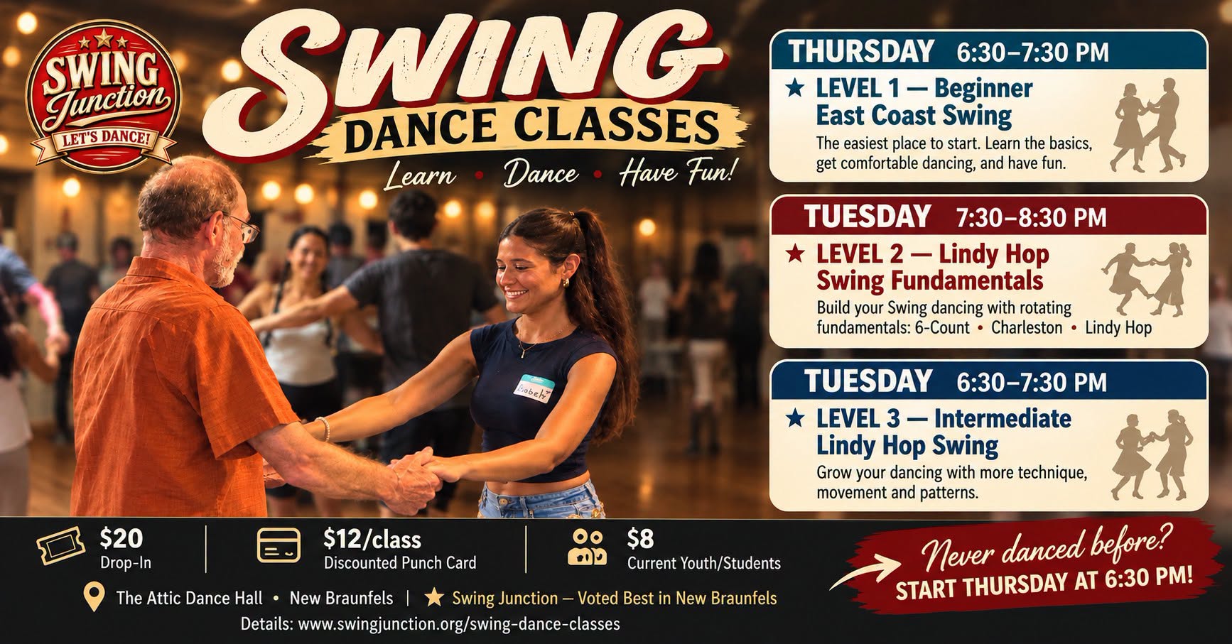 Tuesday Lindy Hop Swing Classes • Thursday Beginner Swing • New Braunfels — TUE 6 – WED 7 OCT