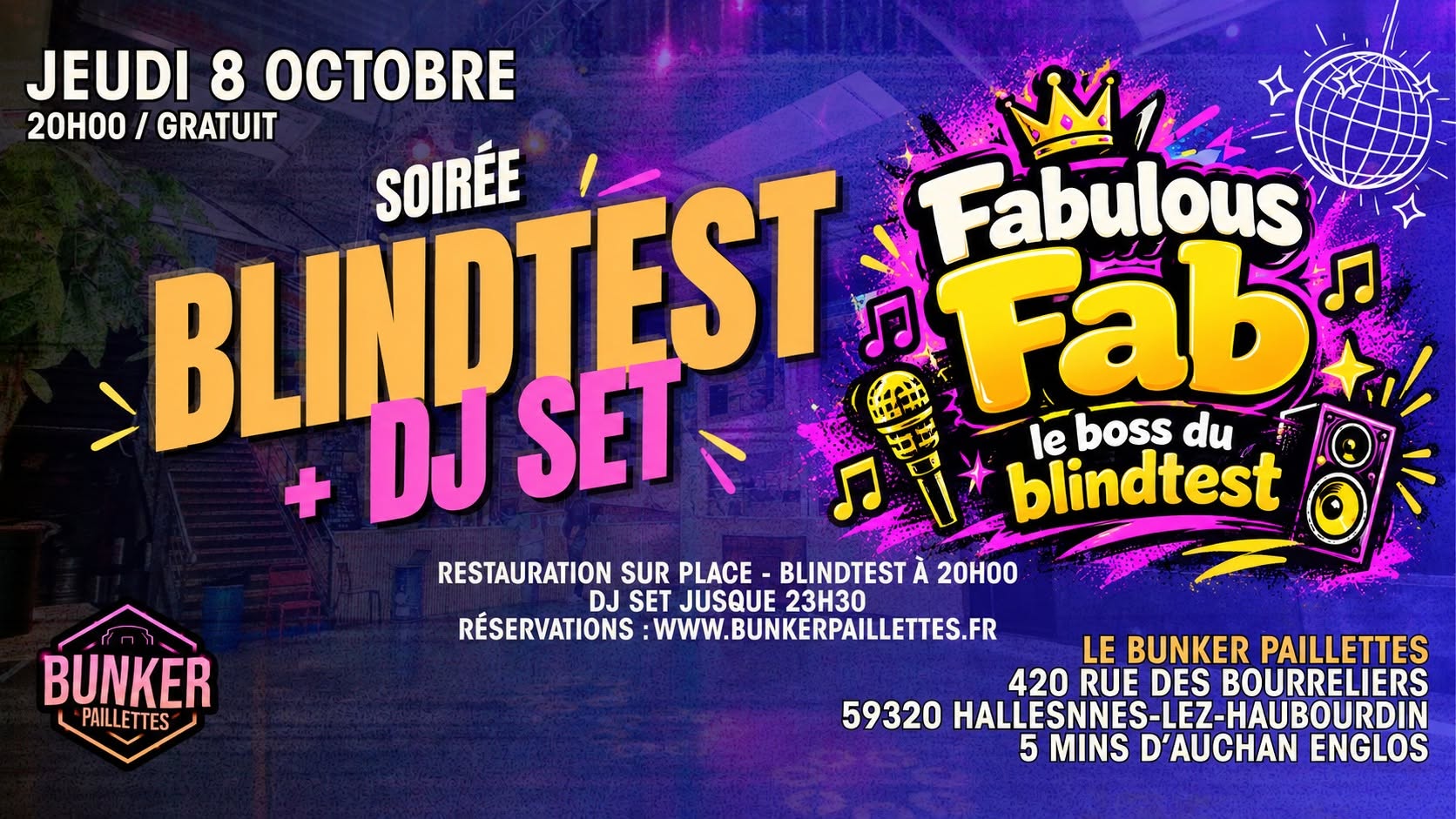✨ SOIRÉE BLIND TEST + DJ SET AVEC FABULOUS FAB ✨ — THU 8 OCT