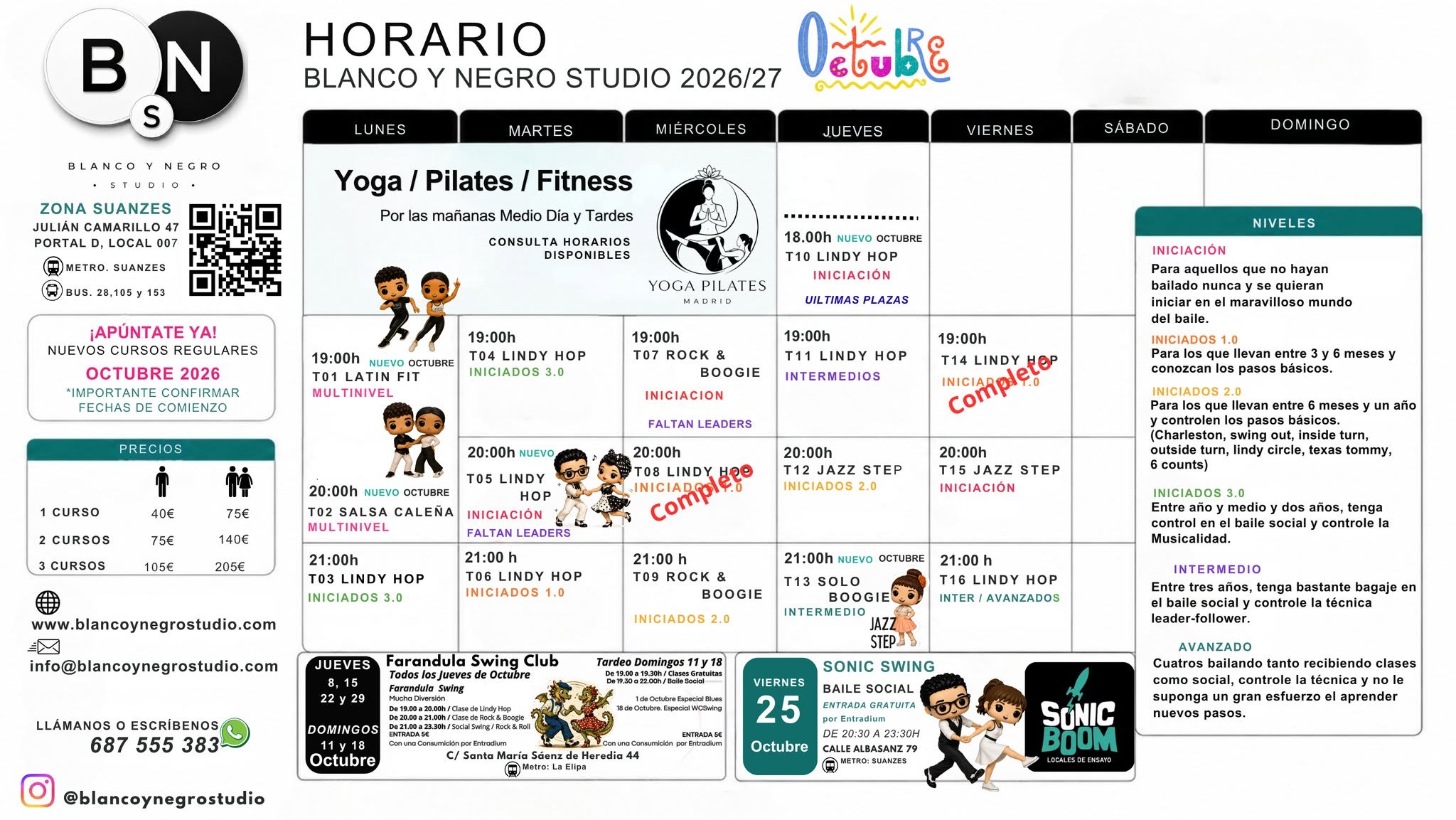 Inscripción Clases Regulares de Baile en Blanco y Negro Studio. Nuevo Curso 2026/27 — SUN 4 – SUN 18 OCT