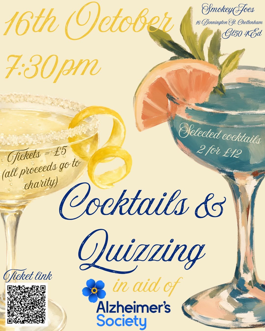 Cocktails and Quizzing for The Alzheimer’s Society — FRI 16 OCT