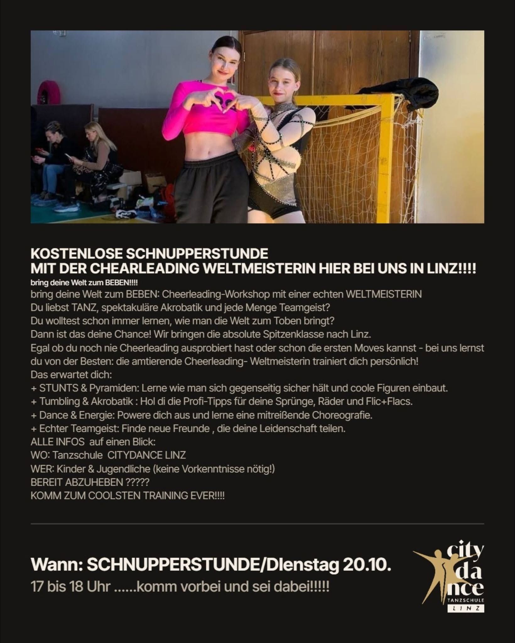 kostenlose
Schnupperstunde  im Cheerleaden persönlich mit dem Profi!!!! — TUE 20 OCT