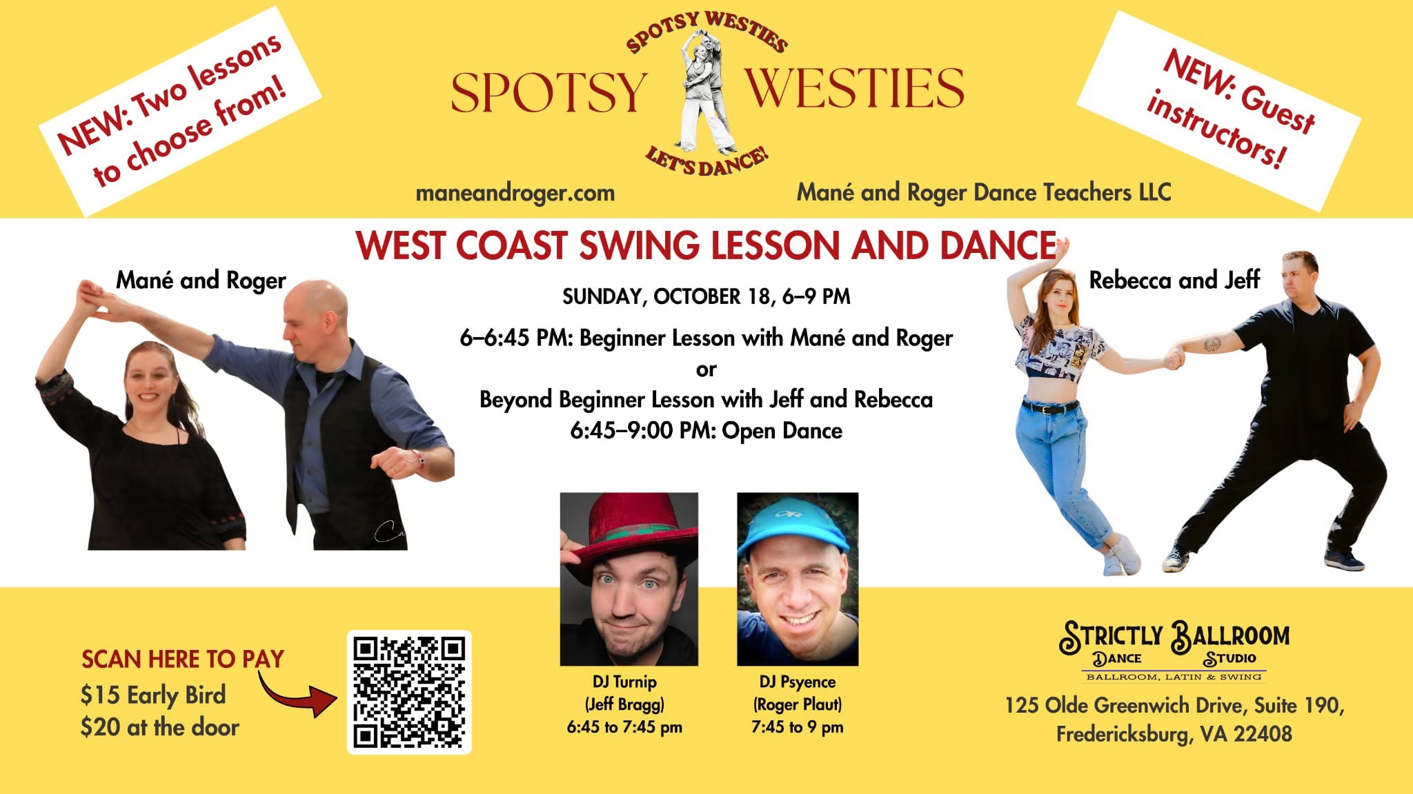 West Coast Swing Social Dance in Fredericksburg, VA, hosted by Spotsy Westies / Mané and Roger — SUN 18 – MON 19 OCT