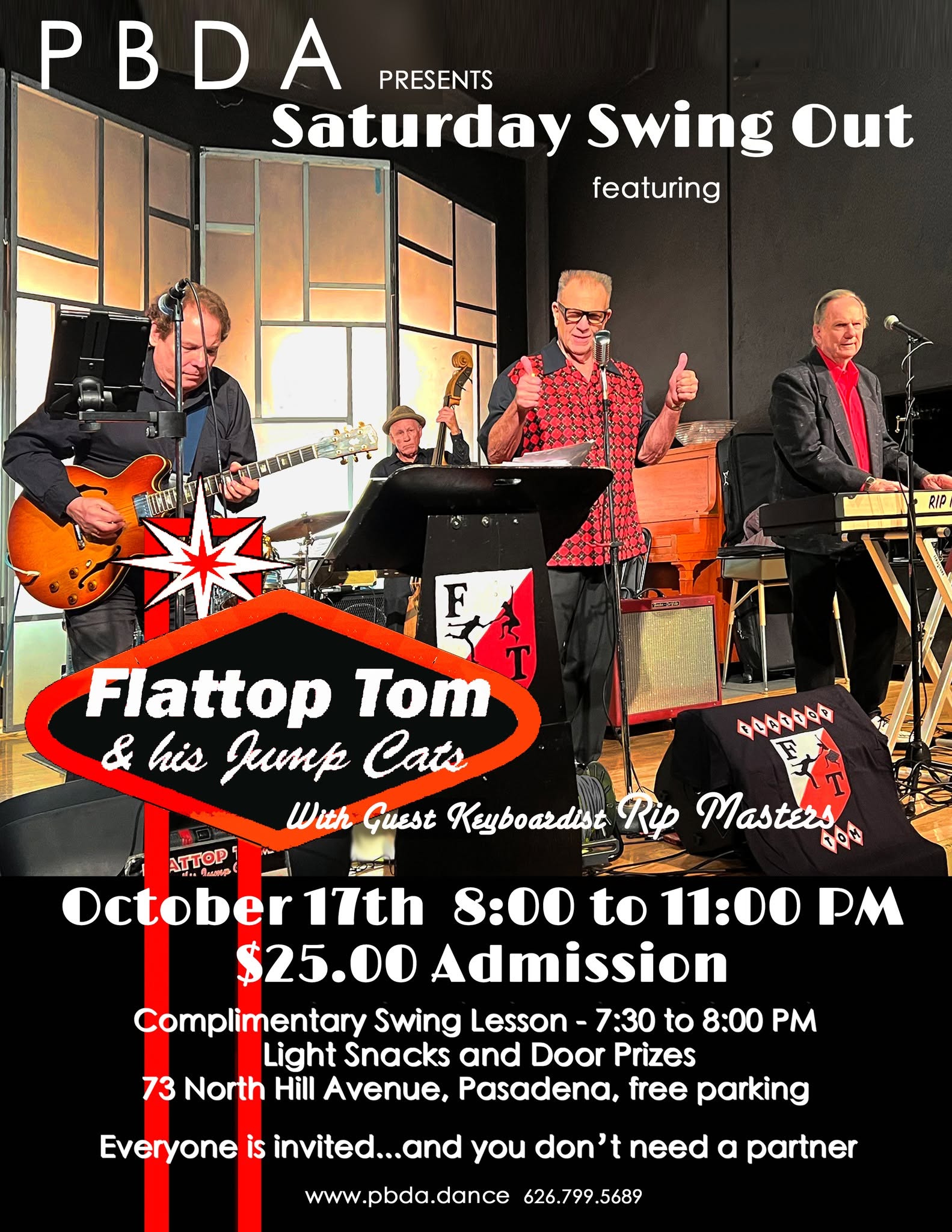 It's FLATTOP TOM & HIS JUMP CATS- (w/Rip Masters on keyboard)- THIS SATURDAY, OCT. 17th, at PBDA! — SUN 18 OCT