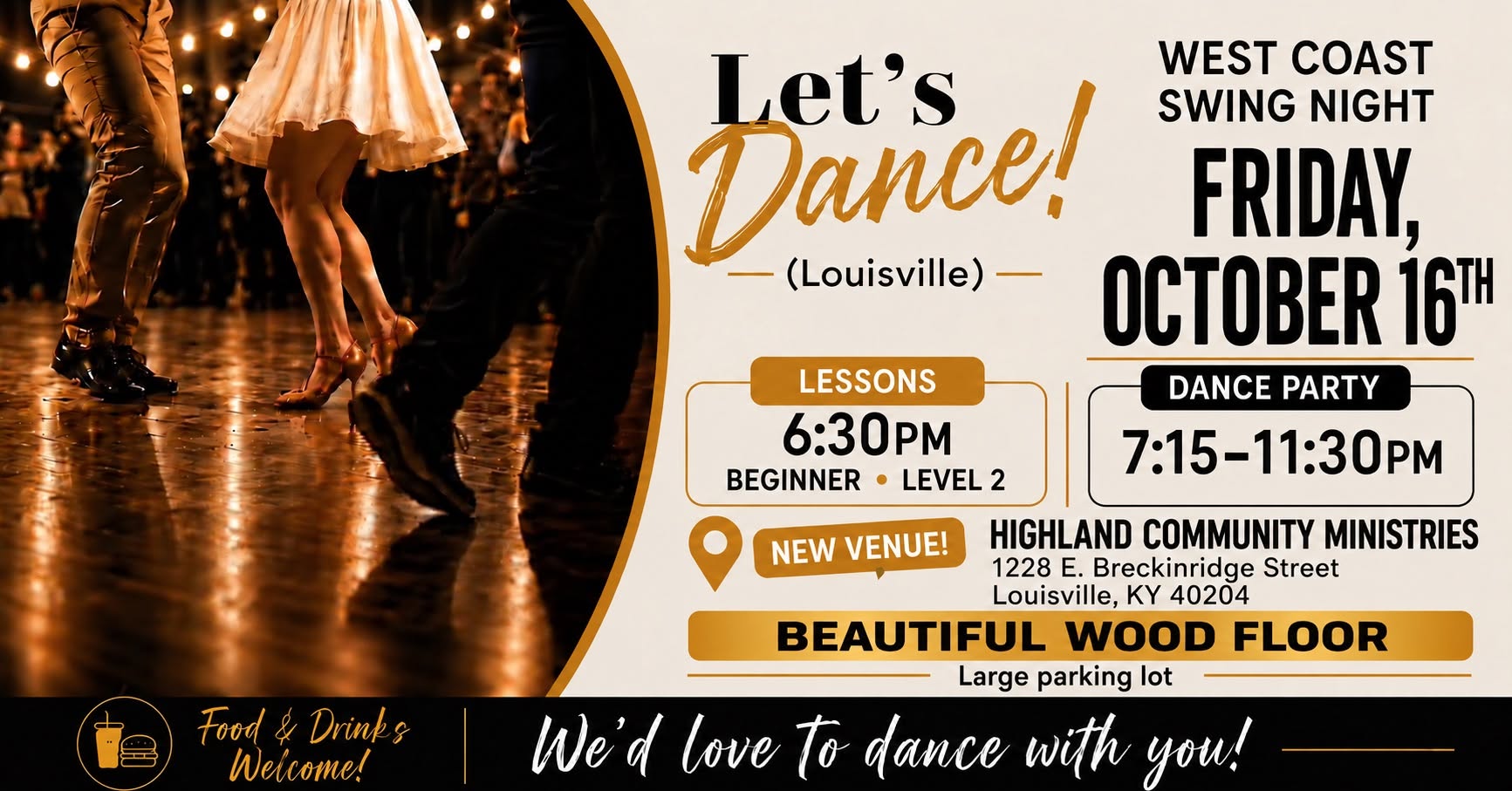Let’s Dance!’s West Coast Swing Party! 🔥 💃🏻 Fri, Oct 16 @ Highland Community Ministries — FRI 16 – SAT 17 OCT