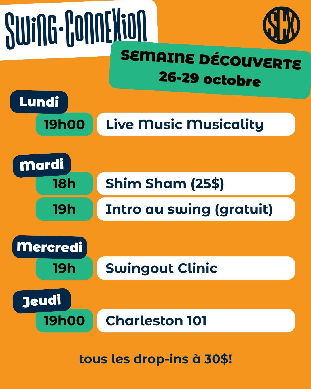 Semaine découverte à Swing Connexion — MON 26 – FRI 30 OCT